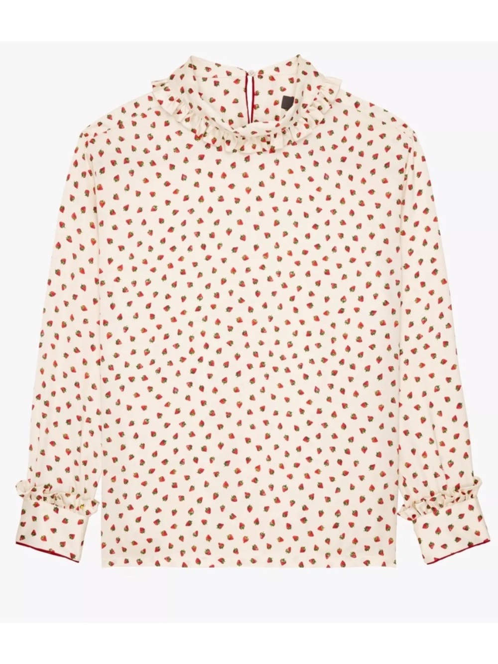 Zara X Stefano Pilati Cream Pajama Top with Red Strawberry Print and Ruffle Neck